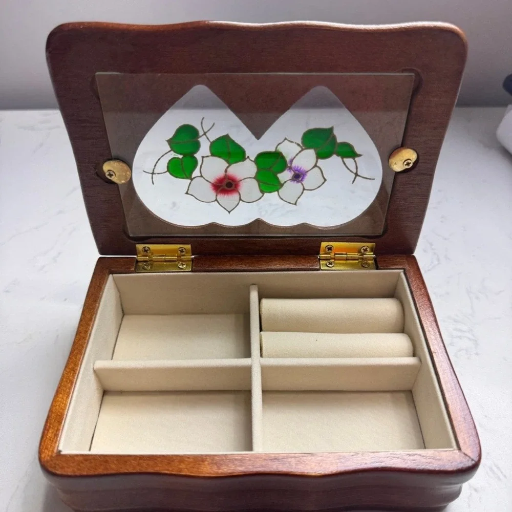 Vintage Kmart Walnut Finish Jewelry Box Stained Glass Double Heart Floral Lid